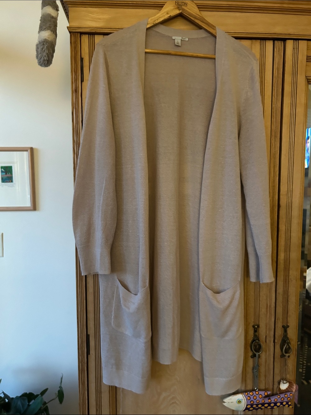 Halogen Open-Front Long linen Cardigan in Light Taupe XL